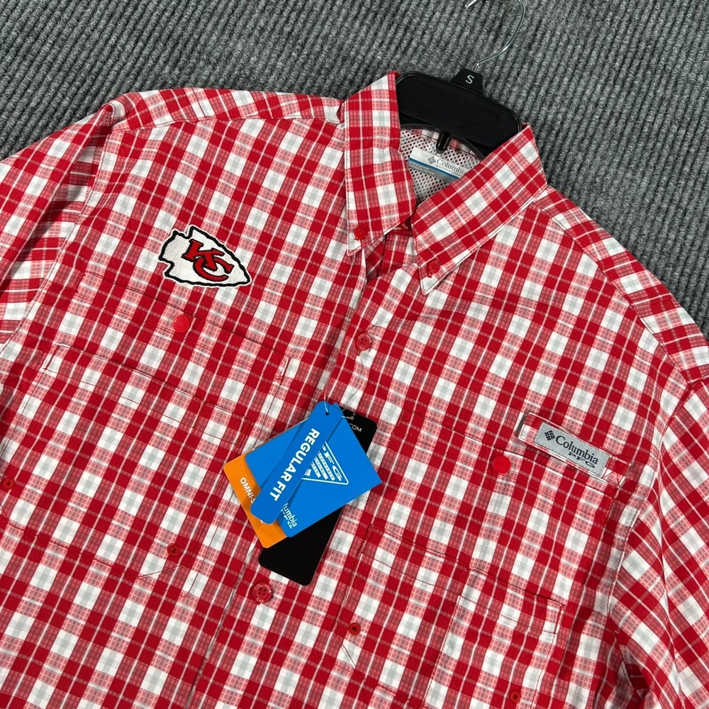 Kansas City Chiefs Columbia PFG Shirt Mens Small Red Plaid Long Sleeve New
